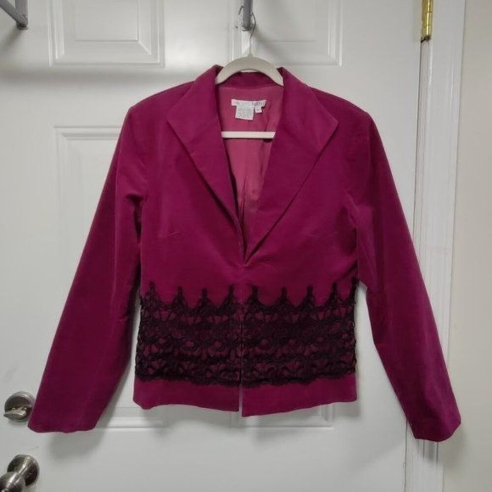 Maggy London Womens Fuchsia Blazer Jacket With Black Lace Trim Size 12 - Picture 2 of 14